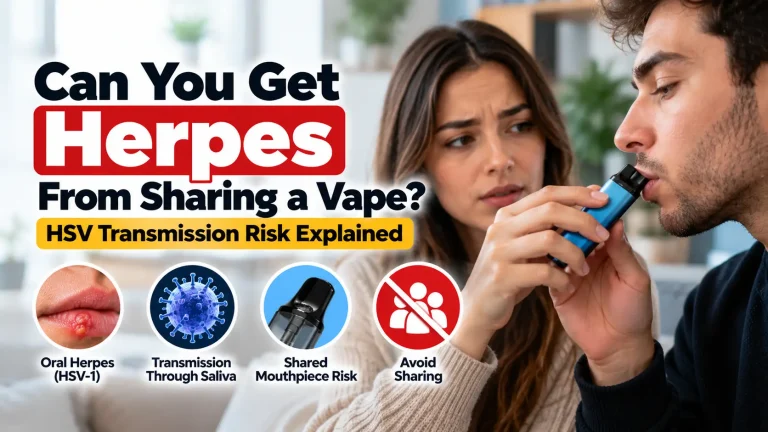 Can you get herpes from sharing a vape, showing a shared vape mouthpiece and HSV-1 transmission risk through saliva.