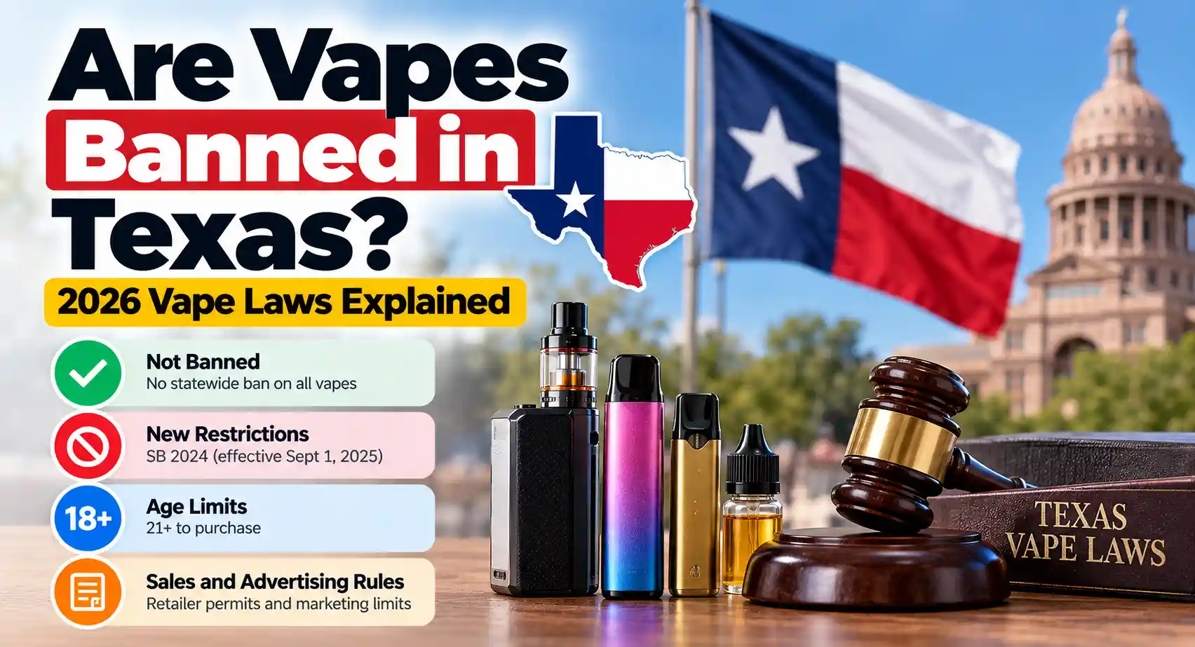Texas vape laws in 2026 showing SB 2024 restrictions, age limits, sales rules, vape products, and the Texas state flag.