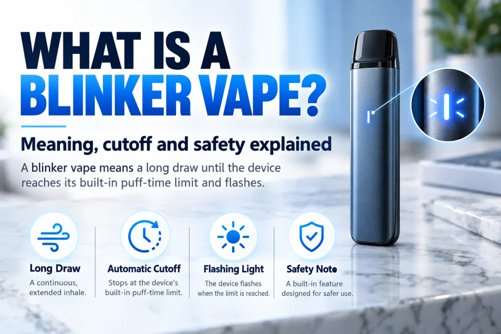 What is a blinker vape feature image showing a pod vape device with a flashing indicator light and key points including long draw, automatic cutoff, flashing light, and safety note.