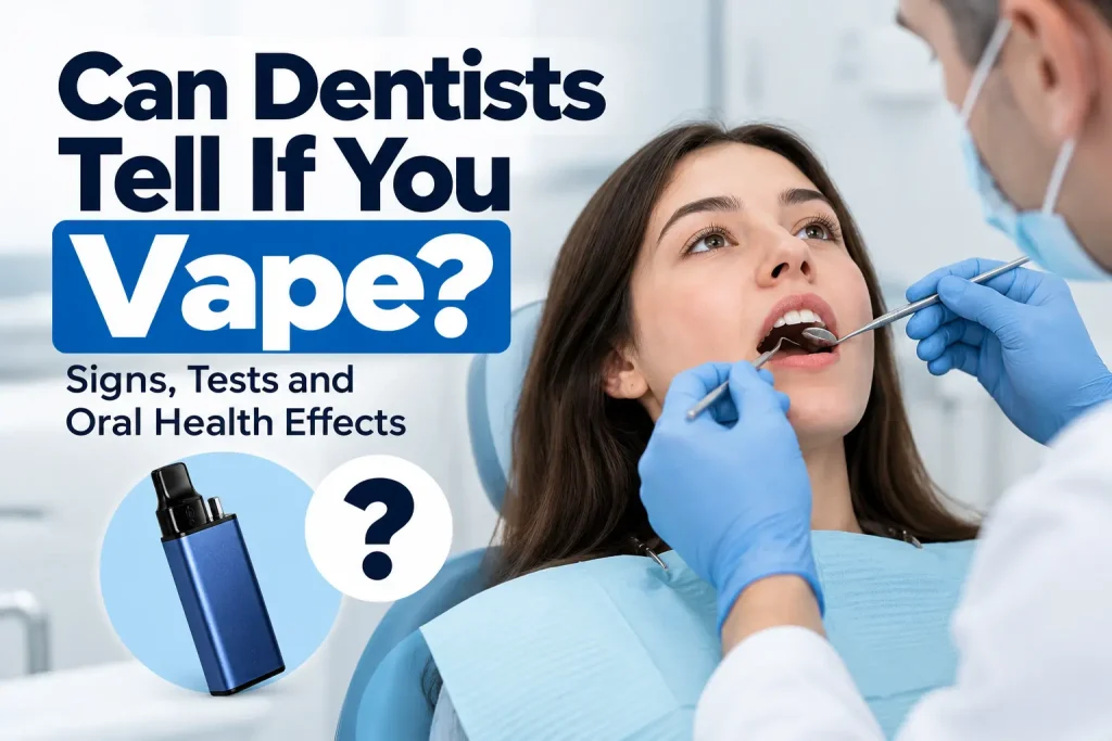 Dentist examining a patient's teeth for possible signs of vaping and oral health effects.