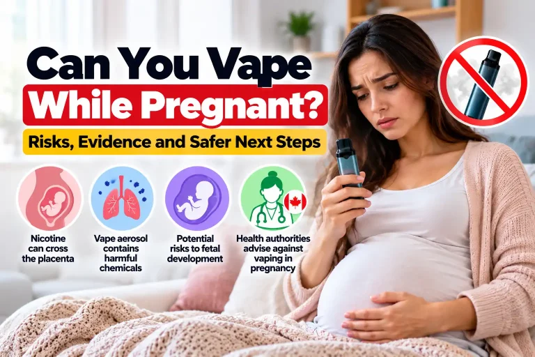 Pregnant woman holding a vape with a no-vaping symbol and illustrations explaining nicotine exposure, vape aerosol, and potential pregnancy risks.