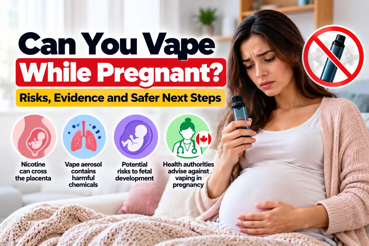 Pregnant woman holding a vape with a no-vaping symbol and illustrations explaining nicotine exposure, vape aerosol, and potential pregnancy risks.