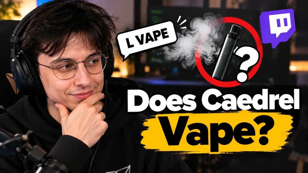 Does Caedrel vape? Featured image showing the streamer, L VAPE Twitch meme, and a vape with a question mark highlighting unconfirmed vaping rumours.