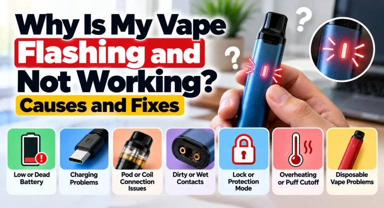 Vape flashing and not working with common causes including low battery, charging problems, pod or coil connection issues, dirty contacts, lock mode, and overheating.