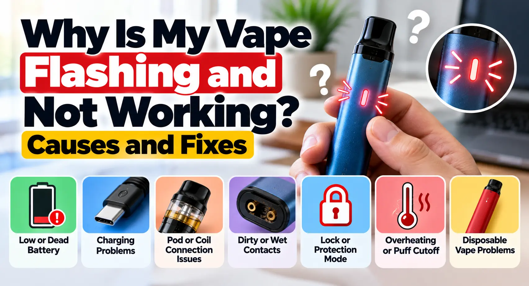 Vape flashing and not working with common causes including low battery, charging problems, pod or coil connection issues, dirty contacts, lock mode, and overheating.